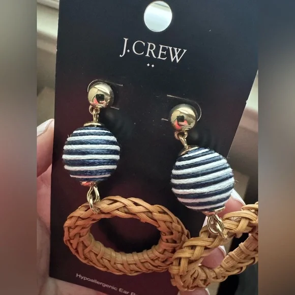 J.Crew Navy and White Beaded Woven Drop Earrings - Picture 3 of 4